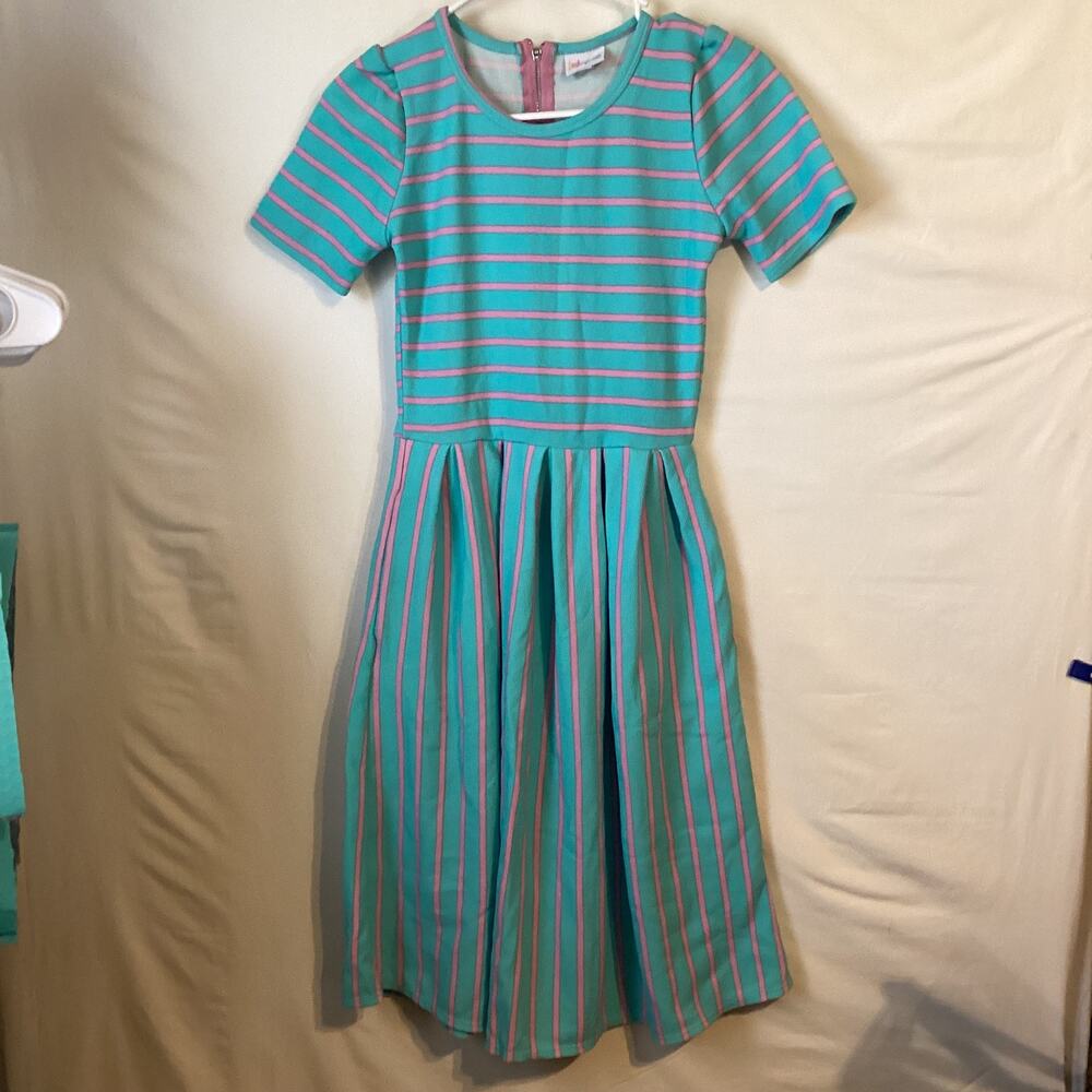 1134 LuLaRoe Amelia Short Sleeve Dress With Aqua & Pink Stripes Size Extra Small